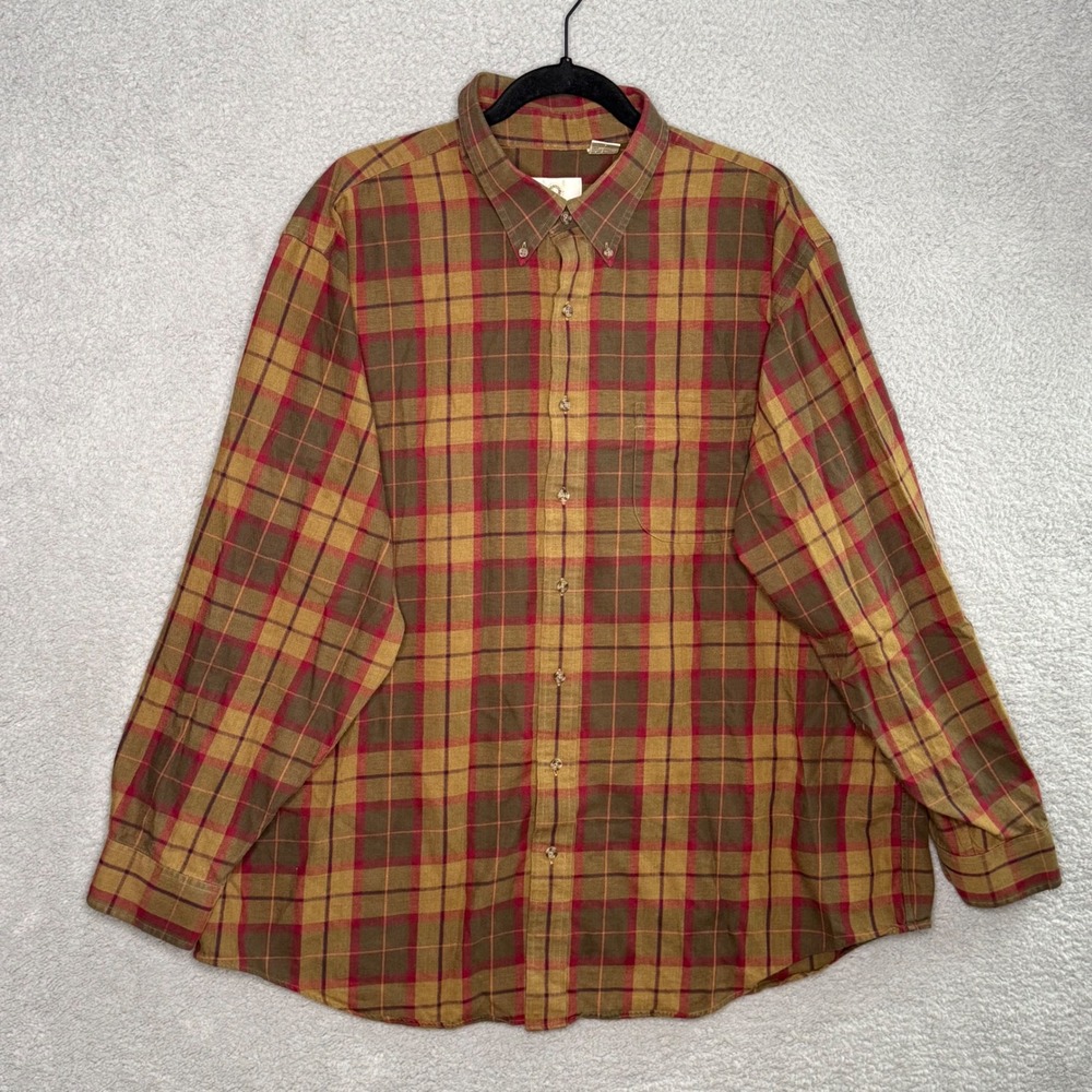 Viyella Mens XXL Cotton Wool Plaid Button Down Shirt Mustard Green Red LS